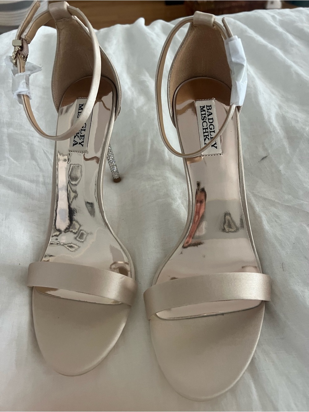 Badgley Mischka Satin Ankle-Strap Heels in Champagne Blush